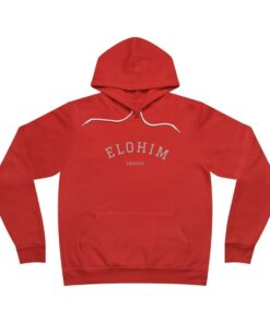 Red hoodie with "ELOHIM" text