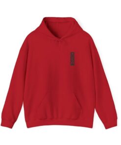 Red hoodie with vertical CHOSEN logo