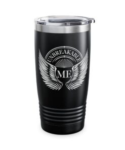 Black travel tumbler with "Unbreakable Me" emblem