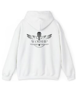 White worship hoodie with winged guitar logo