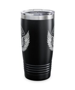 Black insulated travel tumbler with wing logo