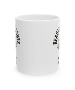 White ceramic mug with floral text design