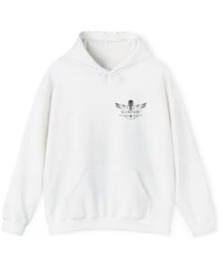 White hoodie with winged microphone logo