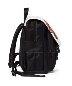 Black backpack with white graphic flap