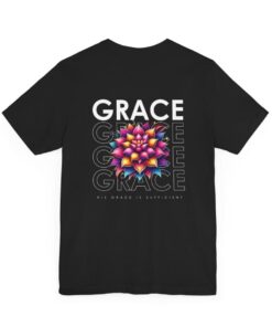 Black t-shirt with colorful floral "GRACE" design