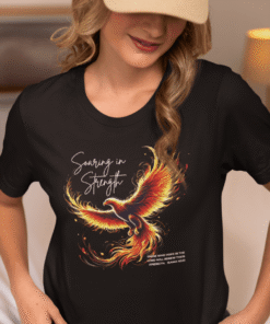 Woman wearing black phoenix graphic t-shirt