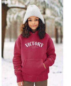 Smiling girl in red hoodie and white hat