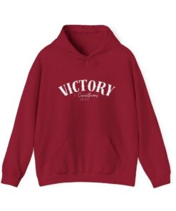 Red hoodie with white "Victory" text