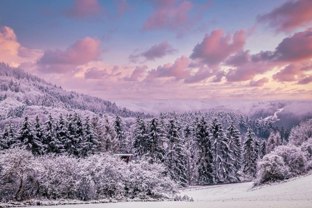 scenic sunset over mountains in winter