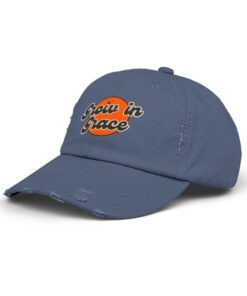 Blue distressed cap with "Grow in Grace" embroidery