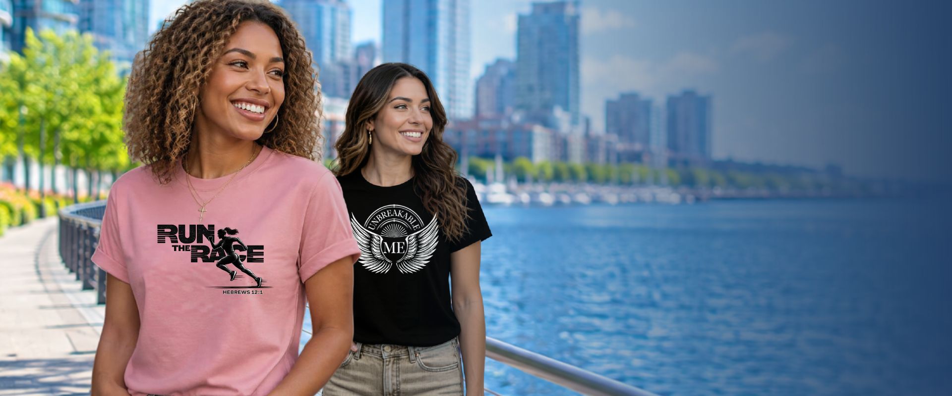 two women wearing a t-shirt